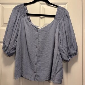 Gauze Elegant Blue Button-Down Blouse with Puff Sleeves
